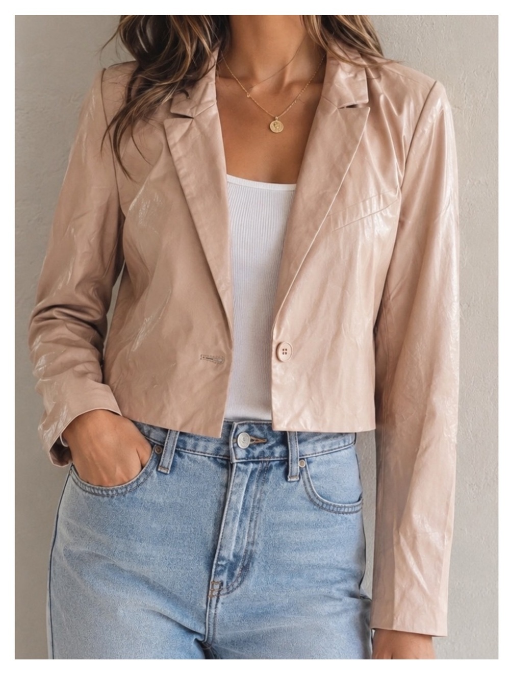 NWT PEACH LOVE Faux Leather Cropped Blazer w/Single Button Closure in Peach